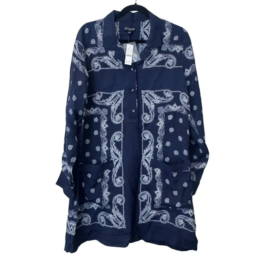 J. Crew Women's Relaxed-Fit Shirt-Dress in Bandana Print Navy Size 12 NWT